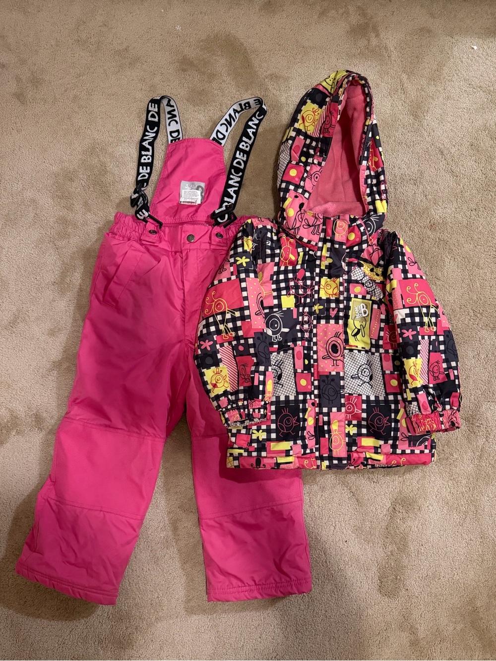 Girls' Pink Patterned Hooded Winter Jacket with Pink Snow Bib Pants